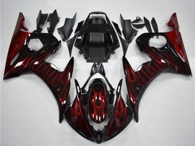 Preisgünstige Yamaha YZF R6 Motorrad Verkleidung 2003-2004 - Glanzendes Schwarz Rot Flamme