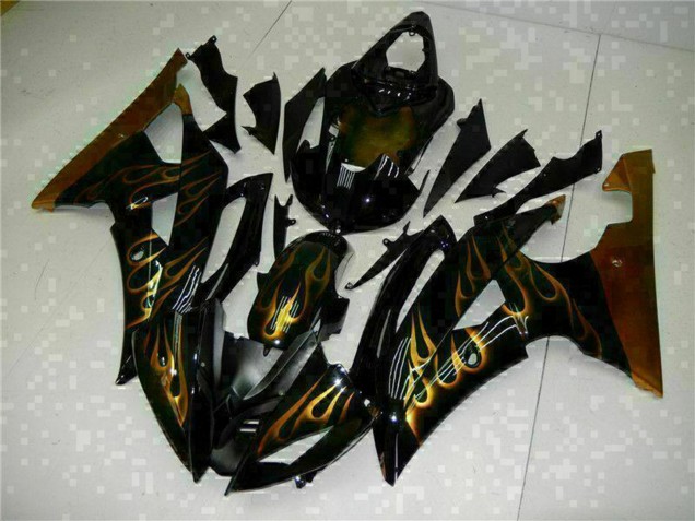 Preisgünstige Yamaha YZF R6 Motorrad Verkleidung 2008-2016 - Glanzendes Schwarz Gold Flamme