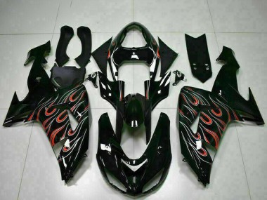 Preisgünstige Kawasaki ZX10R Motorrad Verkleidung Kit 2006-2007 - Glanzendes Schwarz Rot Flamme