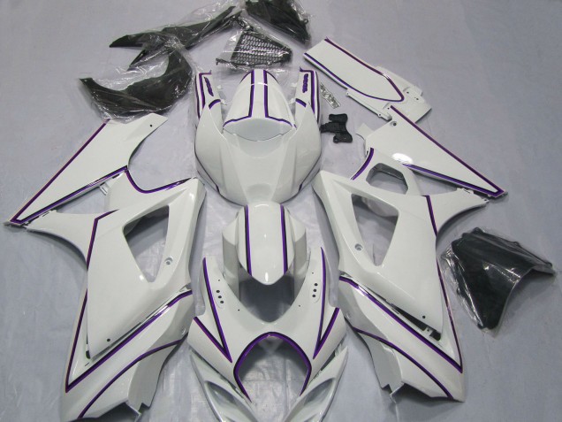Preisgünstige Suzuki GSXR 1000 Motorrad Verkleidung 2007-2008 - Glanzendes Weiss Lila PinStreifen