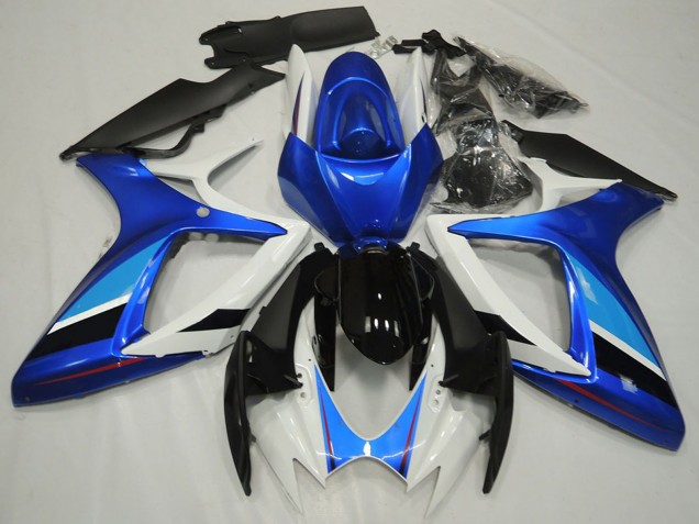 Preisgünstige Suzuki GSXR 600 / GSXR 750 Motorrad Verkleidung 2006-2007 - Weiss Blau Glanzendes Schwarz Streifen