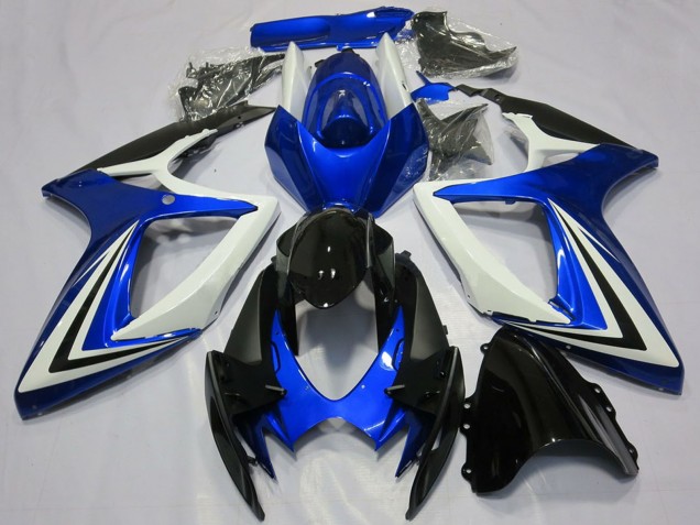 Preisgünstige Suzuki GSXR 600 / GSXR 750 Motorrad Verkleidung 2006-2007 - Weiss Blau Glanzendes Schwarz Streifen