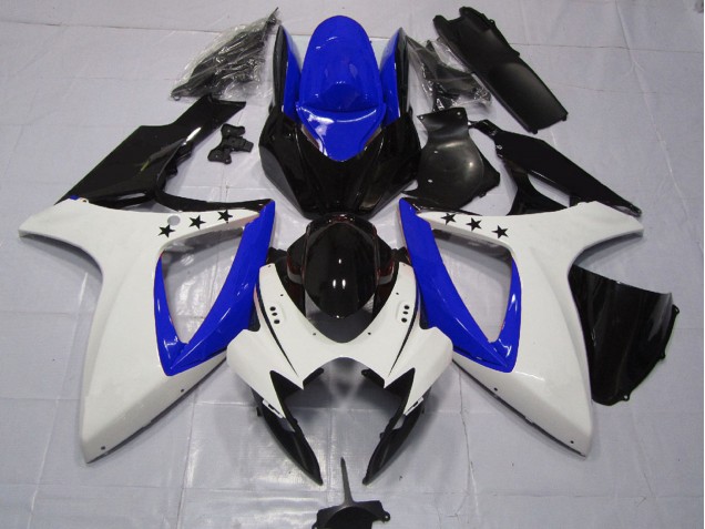 Preisgünstige Suzuki GSXR 600 / GSXR 750 Motorrad Verkleidung 2006-2007 - Weiss Blau Glanzendes Schwarz Stern