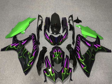 Preisgünstige Suzuki GSXR 600 / GSXR 750 Motorrad Verkleidung 2008-2010 - Glanzendes Schwarz Grun Lila Flamme