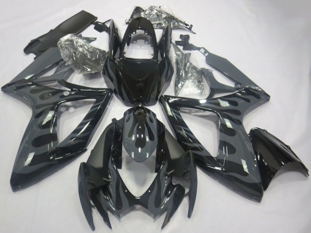 Preisgünstige Suzuki GSXR 600 / GSXR 750 Motorrad Verkleidung 2006-2007 - Grau Schwarz Flamme