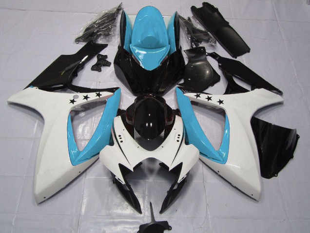 Preisgünstige Suzuki GSXR 600 / GSXR 750 Motorrad Verkleidung 2006-2007 - Hellblau Weiss Glanzendes Schwarz Stern