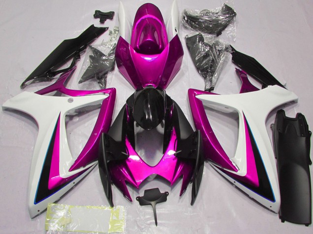 Preisgünstige Suzuki GSXR 600 / GSXR 750 Motorrad Verkleidung 2006-2007 - Weiss Rosa Glanzendes Schwarz