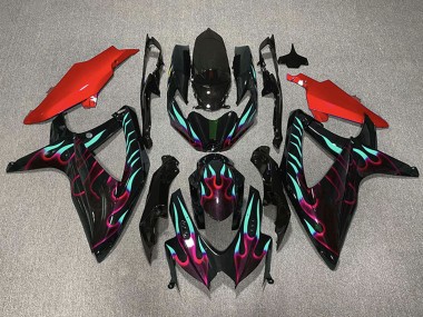 Preisgünstige Suzuki GSXR 600 / GSXR 750 Motorrad Verkleidung 2008-2010 - Glanzendes Schwarz Rot Cyan Flamme