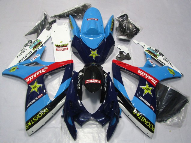 Preisgünstige Suzuki GSXR 600 / GSXR 750 Motorrad Verkleidung 2006-2007 - Blau Weiss Rot Glanzendes Schwarz RockStar