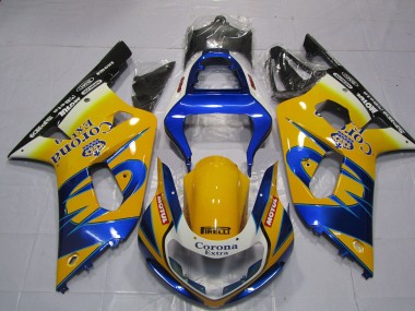 Preisgünstige Suzuki GSXR 600 / GSXR 750 Motorrad Verkleidung 2001-2003 - Gelb Blau Weiss Corona Motul