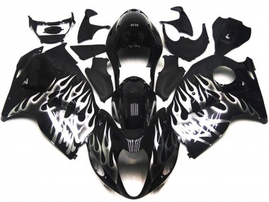 Preisgünstige Suzuki GSXR 1300 Motorrad Verkleidung 1996-2007 - Glanzendes Schwarz mit Silber Flamme