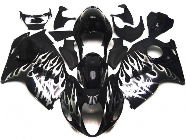Preisgünstige Suzuki GSXR 1300 Motorrad Verkleidung 1996-2007 - Glanzendes Schwarz mit Silber Flamme