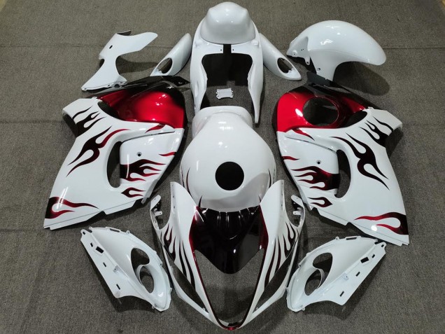 Preisgünstige Suzuki GSXR 1300 Motorrad Verkleidung 2008-2020 - Glanzendes Weiss Rot Flamme
