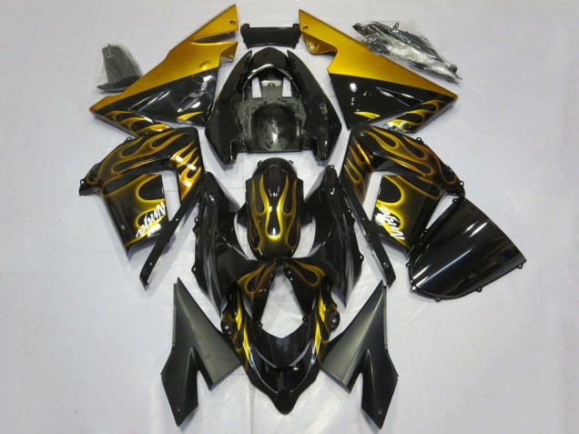 Preisgünstige Kawasaki ZX10R Motorrad Verkleidung 2004-2005 - Glanzendes Schwarz Gold Flamme