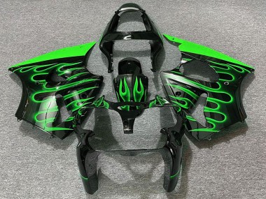 Preisgünstige Kawasaki ZX6R Motorrad Verkleidung 2000-2002 - Glanzendes Schwarz Grun Flamme
