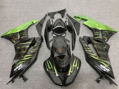 Preisgünstige Kawasaki ZX6R Motorrad Verkleidung 2009-2012 - Glanzendes Schwarz Grun Flamme