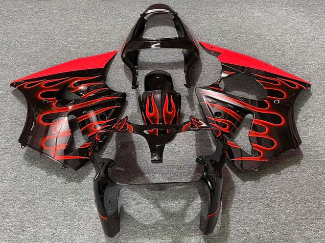 Preisgünstige Kawasaki ZX6R Motorrad Verkleidung 2000-2002 - Glanzendes Schwarz Rot Flamme