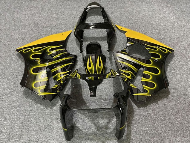 Preisgünstige Kawasaki ZX6R Motorrad Verkleidung 2000-2002 - Glanzendes Schwarz Gelb Flamme