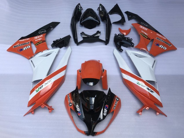 Preisgünstige Kawasaki ZX6R Motorrad Verkleidung 2009-2012 - Orange Weiss Glanzendes Schwarz Elf Touch4 Bridgestone