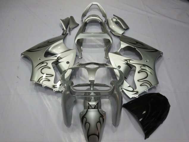 Preisgünstige Kawasaki ZX6R Motorrad Verkleidung 2000-2002 - Silber Schwarz Flamme