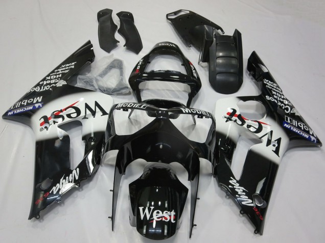 Preisgünstige Kawasaki ZX6R Motorrad Verkleidung 2003-2004 - Glanzendes Schwarz Weiss West