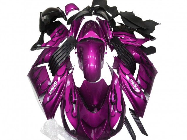 Preisgünstige Kawasaki ZX14R Motorrad Verkleidung 2006-2011 - Lila Schwarz Flamme Weiss Ninja