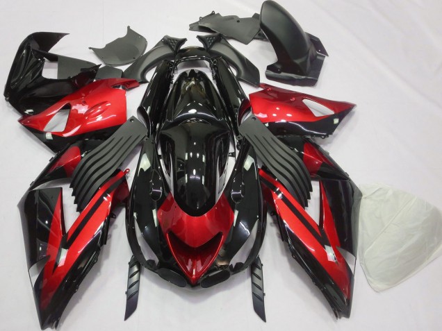 Preisgünstige Kawasaki ZX14R Motorrad Verkleidung 2006-2011 - Rot Glanzendes Schwarz Streifen