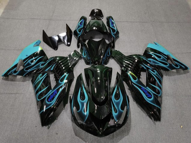 Preisgünstige Kawasaki ZX14R Motorrad Verkleidung 2006-2011 - Glanzendes Schwarz Hellblau Flamme