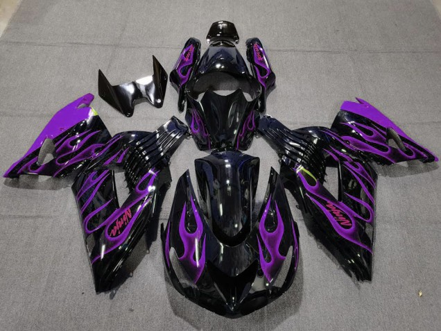 Preisgünstige Kawasaki ZX14R Motorrad Verkleidung 2006-2011 - Glanzendes Schwarz Lila Flamme