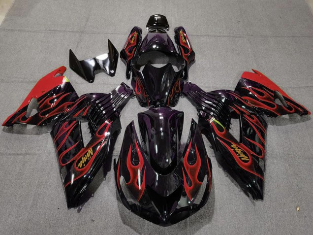 Preisgünstige Kawasaki ZX14R Motorrad Verkleidung 2006-2011 - Glanzendes Schwarz Rot Flamme Gold Ninja