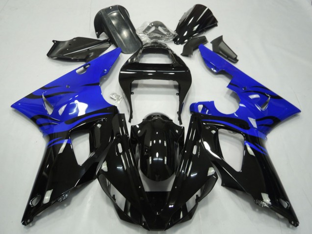 Preisgünstige Yamaha R1 Motorrad Verkleidung 2000-2001 - Blau Glanzendes Schwarz Flamme