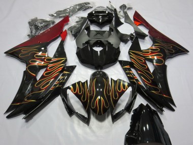 Preisgünstige Yamaha R6 Motorrad Verkleidung 2008-2016 - Rot Glanzendes Schwarz Gold Flamme