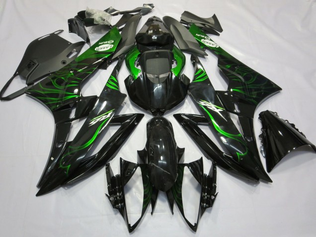 Preisgünstige Yamaha R6 Motorrad Verkleidung 2006-2007 - Glanzendes Schwarz Grun Flamme