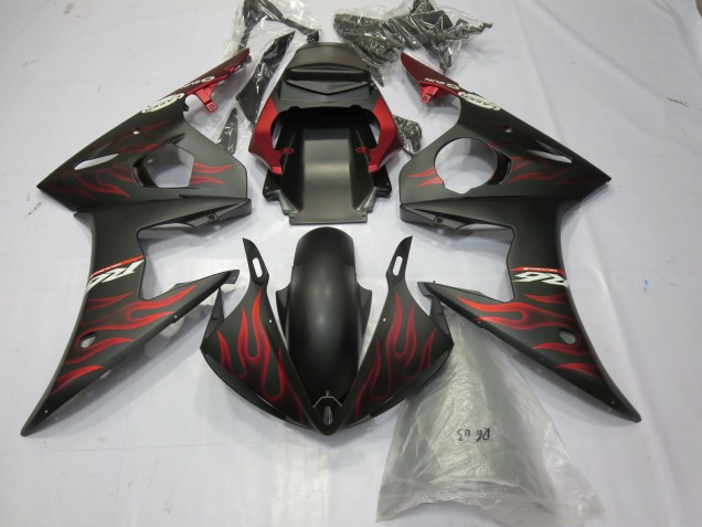 Preisgünstige Yamaha R6 Motorrad Verkleidung 2003-2004 - Matt Schwarz Rot Flamme