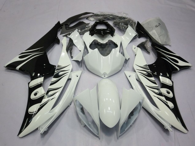 Preisgünstige Yamaha R6 Motorrad Verkleidung 2008-2016 - Weiss Glanzendes Schwarz Flamme