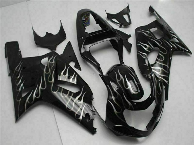 Preisgünstige Suzuki GSXR 600/750 Motorrad Verkleidung 2001-2003 - Glanzendes Schwarz Silber Flamme