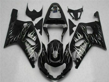 Preisgünstige Suzuki GSXR 600/750 Motorrad Verkleidung 2001-2003 - Glanzendes Schwarz Silber Flamme