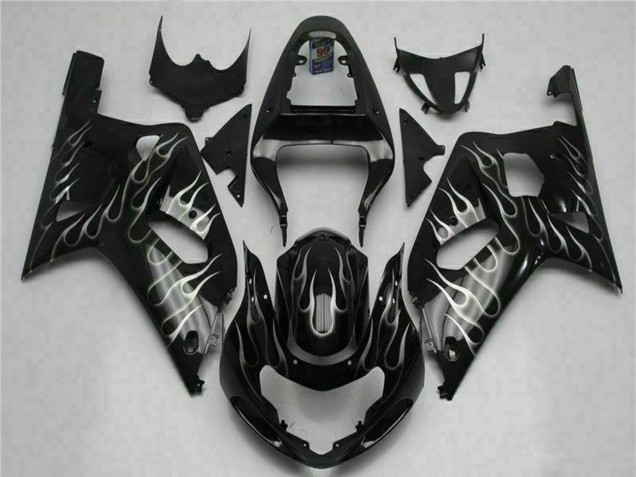Preisgünstige Suzuki GSXR 600/750 Motorrad Verkleidung 2001-2003 - Glanzendes Schwarz Silber Flamme