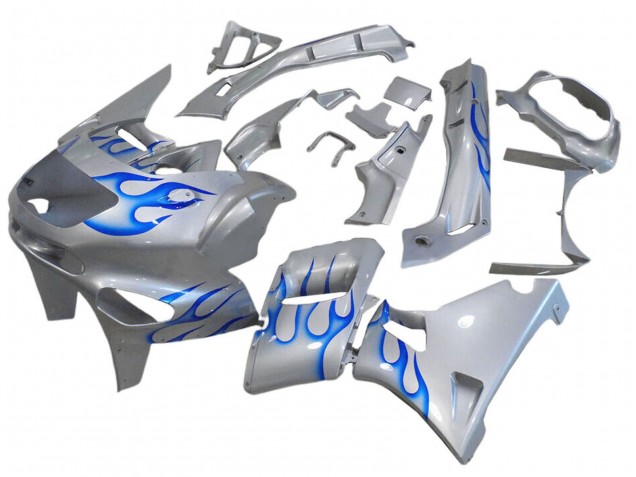 Preisgünstige Kawasaki ZZR400 Motorrad Verkleidung 1993-2007 - Weiss Blau Flamme