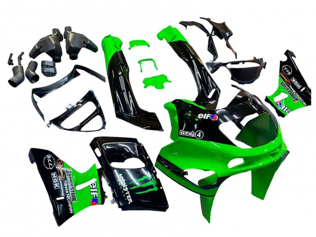 Preisgünstige Kawasaki ZZR400 Motorrad Verkleidung 1993-2007 - Grun Glanzendes Schwarz Grun Monster Elf Touch4 Bridgestone