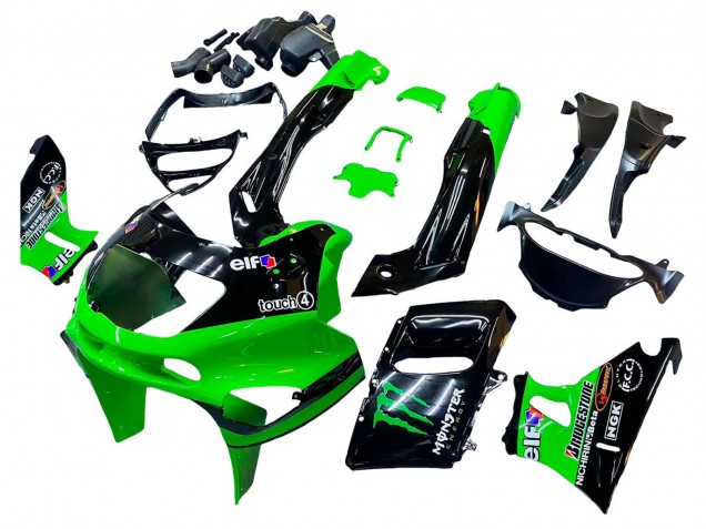 Preisgünstige Kawasaki ZZR400 Motorrad Verkleidung 1993-2007 - Grun Glanzendes Schwarz Grun Monster Elf Touch4 Bridgestone