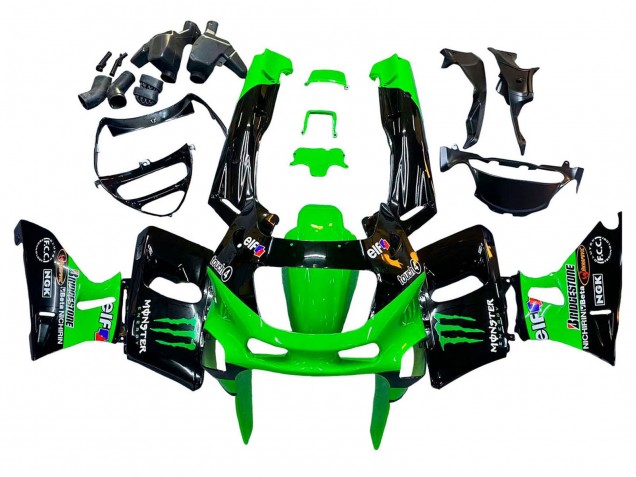 Preisgünstige Kawasaki ZZR400 Motorrad Verkleidung 1993-2007 - Grun Glanzendes Schwarz Grun Monster Elf Touch4 Bridgestone