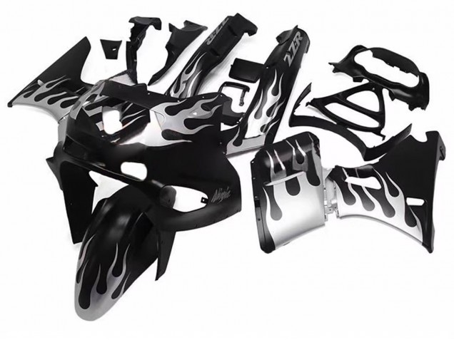 Preisgünstige Kawasaki ZZR400 Motorrad Verkleidung 1993-2007 - Glanzendes Schwarz Silber Flamme