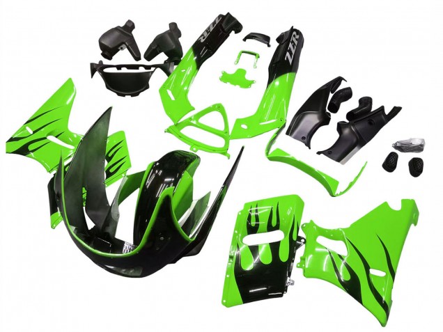 Preisgünstige Kawasaki ZZR400 Motorrad Verkleidung 1993-2007 - Grun Glanzendes Schwarz Flamme