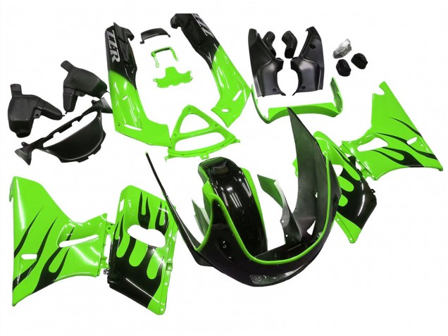 Preisgünstige Kawasaki ZZR400 Motorrad Verkleidung 1993-2007 - Grun Glanzendes Schwarz Flamme