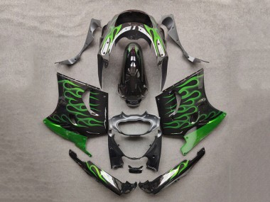 Preisgünstige Kawasaki ZZR1100 Motorrad Verkleidung 1993-2003 - Glanzendes Schwarz Grun Flamme