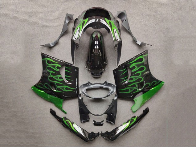 Preisgünstige Kawasaki ZZR1100 Motorrad Verkleidung 1993-2003 - Glanzendes Schwarz Grun Flamme