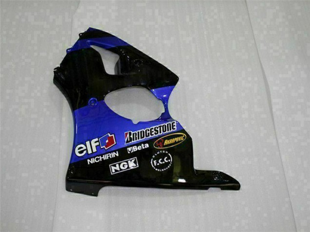 Preisgünstige Kawasaki ZX6R Motorrad Verkleidung 2000-2002 - Blau Glanzendes Schwarz Elf Bridgestone