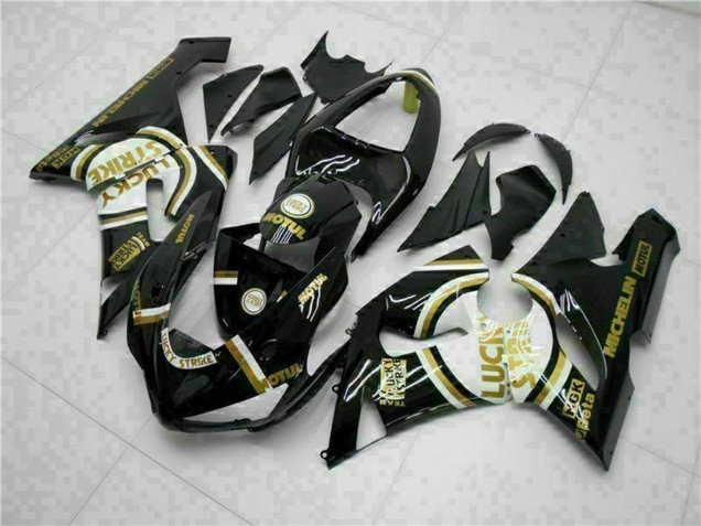 Preisgünstige Kawasaki ZX6R Motorrad Verkleidung 2005-2006 - Glanzendes Schwarz Weiss Gold Lucky Strike