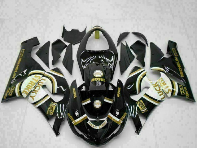 Preisgünstige Kawasaki ZX6R Motorrad Verkleidung 2005-2006 - Glanzendes Schwarz Weiss Gold Lucky Strike